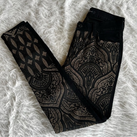 7 for All Mankind Jeans Nouveau Black Gold Metallic Brocade Skinny 26 Party Chic - Picture 11 of 14